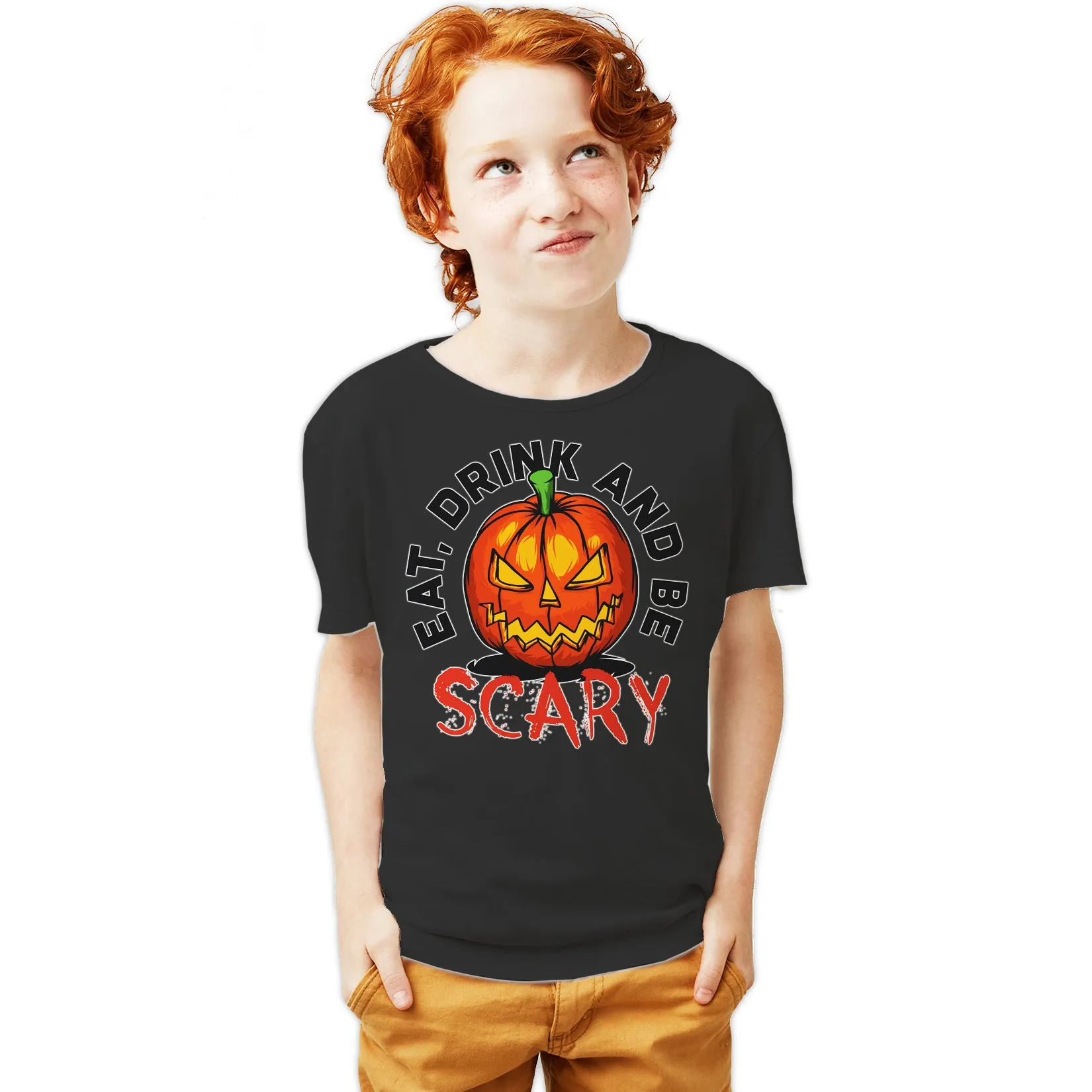 Halloween Horror Eat Drink And Be Scary Pumpkin Retro 80s Official Youth T-shirt